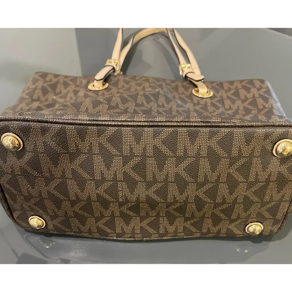 Michael Kors Jet Set MK Logo Brown Leather Tote Bag Purse